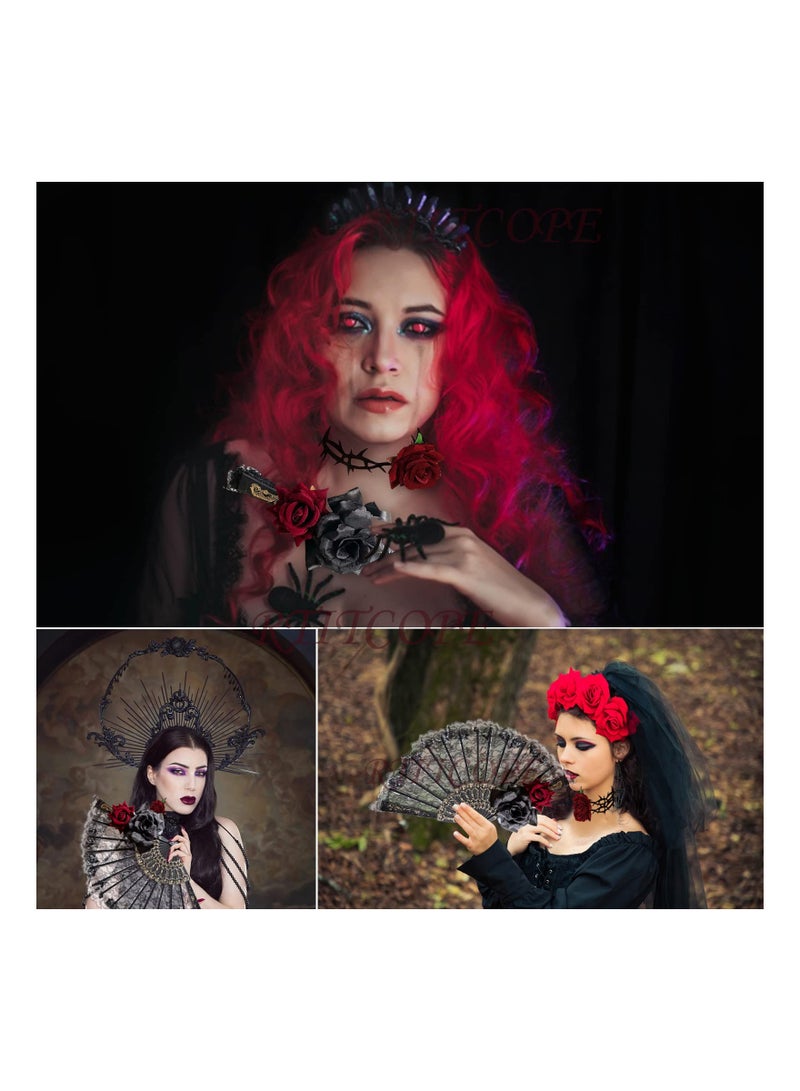 Excefore مراوح يد قابلة للطي من الدانتيل الأسود مع وردة، قلادة تشوكر على شكل زهرة للنساء، تصميم إسباني قديم لمروحة يد مزهرة، - Image 5