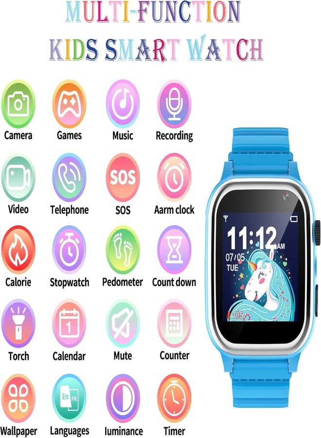 AROAQ Kids Smart Watch for Boys & Girls with Phone Call, SOS, HD Camera, 26 Educational Games, MP3 & Video Player, Pedometer, Calories Counter, Touch Screen – Birthday Gift for Children (1.44” Display) - Blue - Image 2