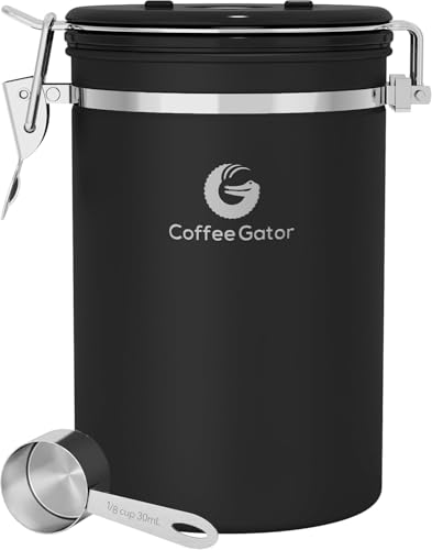 Coffee Gator Coffee Canister, 22oz Airtight Stainless Steel Kitchen Food Storage Container with Date Tracker, Valve, Scoop for Sugar, Grounds, Beans, Tea, Sugar, Cereal, Flour, Cookies Jars - Black - Image 1