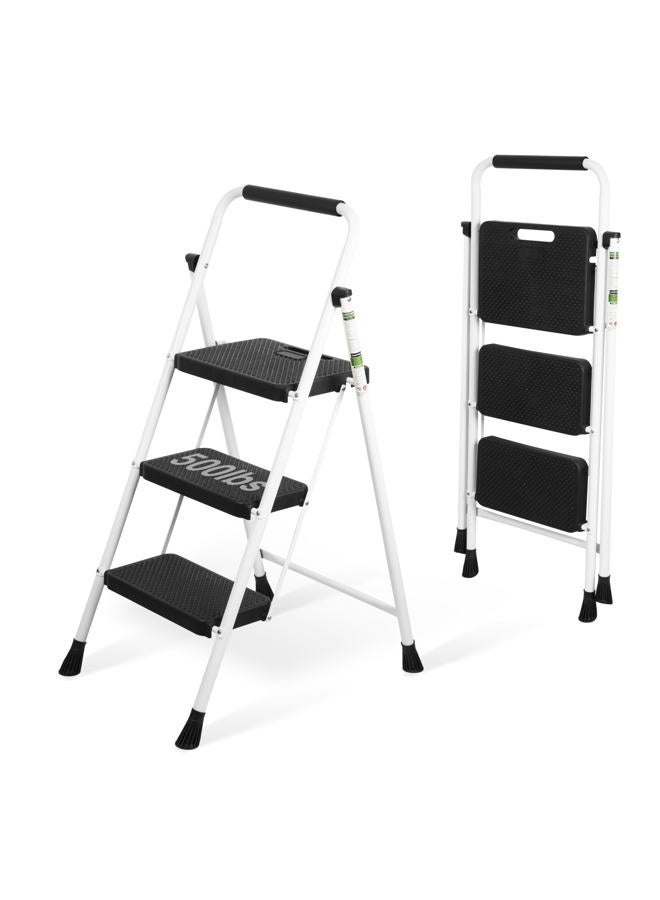 Arbusb 3 Step Ladder, Portable Steel Folding Step Stool with Wide Anti-Slip Pedal & Convenient Handgrip, 500lbs Sturdy Steel Ladder, White - Image 1