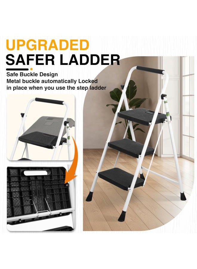 Arbusb 3 Step Ladder, Portable Steel Folding Step Stool with Wide Anti-Slip Pedal & Convenient Handgrip, 500lbs Sturdy Steel Ladder, White - Image 2