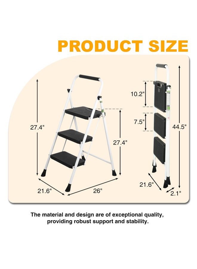 Arbusb 3 Step Ladder, Portable Steel Folding Step Stool with Wide Anti-Slip Pedal & Convenient Handgrip, 500lbs Sturdy Steel Ladder, White - Image 4