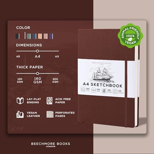 Beechmore Books A4 Sketchbook – 8.5x11 Premium Vegan Leather Bound Large Sketch Book Hardcover with 156 Thick 160gsm Perforated Ivory Pages, Blank Sketch Pad, Gift Boxed, Back Pocket, Ribbon Bookmark - Image 2