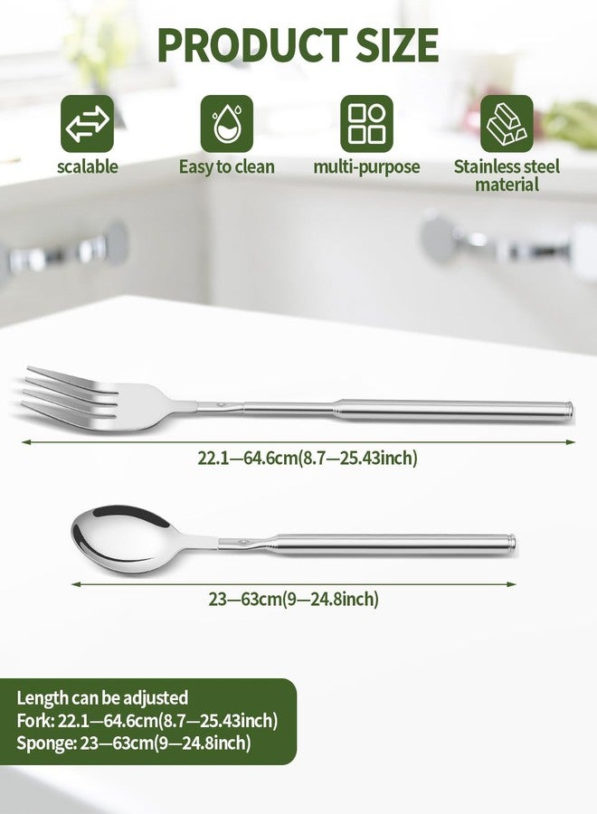 OXDFK 2 PCS Extendable Fork Spoon Set, Telescopic Stainless Steel Fork Spoon, Extendable 25.3 In, Dinner Forks for BBQ Dinner Fruit Dessert, Camping Flatware - Image 2