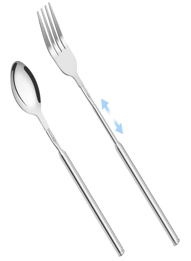 OXDFK 2 PCS Extendable Fork Spoon Set, Telescopic Stainless Steel Fork Spoon, Extendable 25.3 In, Dinner Forks for BBQ Dinner Fruit Dessert, Camping Flatware - Image 1