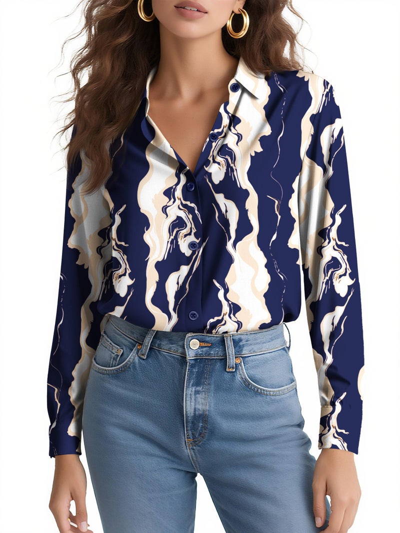COUXILY Womens Button Down Shirts Dressy Casual Trending Tops Spring Fall Blouses & Button-Down Shirts Long Sleeve Silk Tops for Women Wrinkle Free Blue Pattern 01 L - Image 2