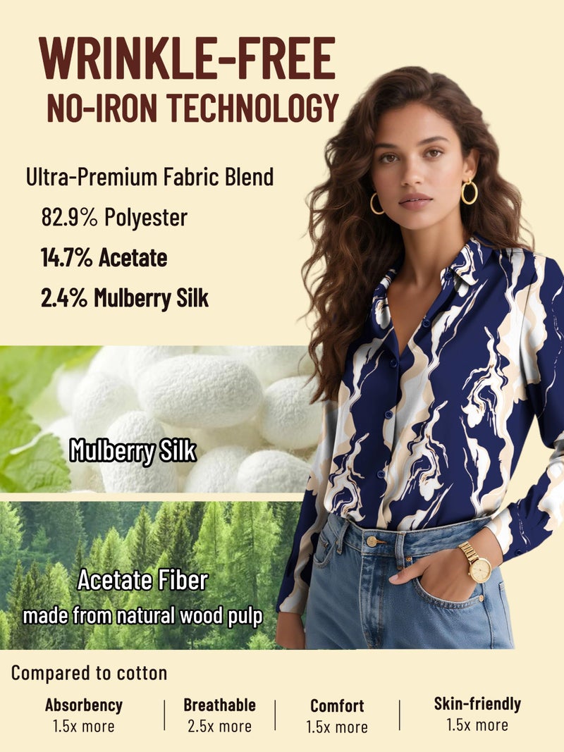 COUXILY Womens Button Down Shirts Dressy Casual Trending Tops Spring Fall Blouses & Button-Down Shirts Long Sleeve Silk Tops for Women Wrinkle Free Blue Pattern 01 L - Image 3