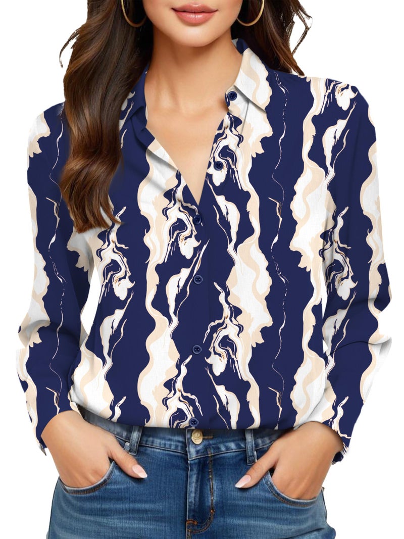COUXILY Womens Button Down Shirts Dressy Casual Trending Tops Spring Fall Blouses & Button-Down Shirts Long Sleeve Silk Tops for Women Wrinkle Free Blue Pattern 01 L - Image 1