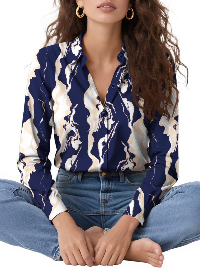 COUXILY Womens Button Down Shirts Dressy Casual Trending Tops Spring Fall Blouses & Button-Down Shirts Long Sleeve Silk Tops for Women Wrinkle Free Blue Pattern 01 L - Image 5