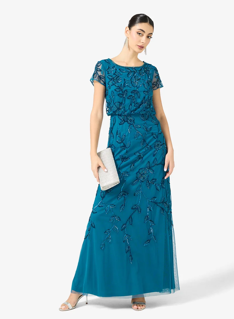 Adrianna Papell Embellished Mesh Detail Maxi Dress