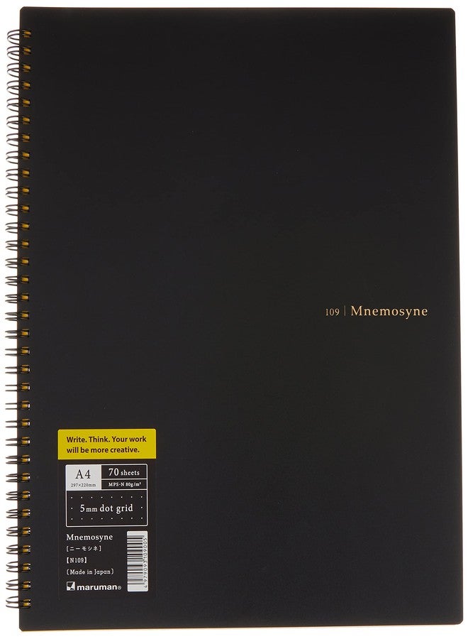 Maruman Mnemosyne Dot Grid Notebook- A4, 11.69" x 9.25", 70 Sheets / 140 Pages, 5mm Dotted Journal, Perforated Pages & Wire-Bound to Lay Flat, Black, Made in Japan - Image 1