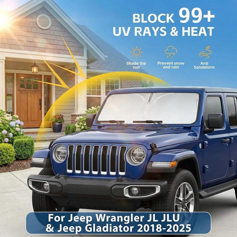 AuyNeas Windshield Sun Shade for Jeep Wrangler JL JLU & Jeep Gladiator 2018-2025 2026 Front Window Shade Custom Fit Sun Visor Foldable Shade Blocks UV Rays Summer Must Have Car Accessories - Image 2