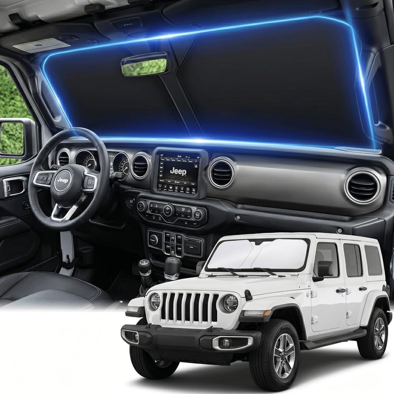 AuyNeas Windshield Sun Shade for Jeep Wrangler JL JLU & Jeep Gladiator 2018-2025 2026 Front Window Shade Custom Fit Sun Visor Foldable Shade Blocks UV Rays Summer Must Have Car Accessories - Image 1