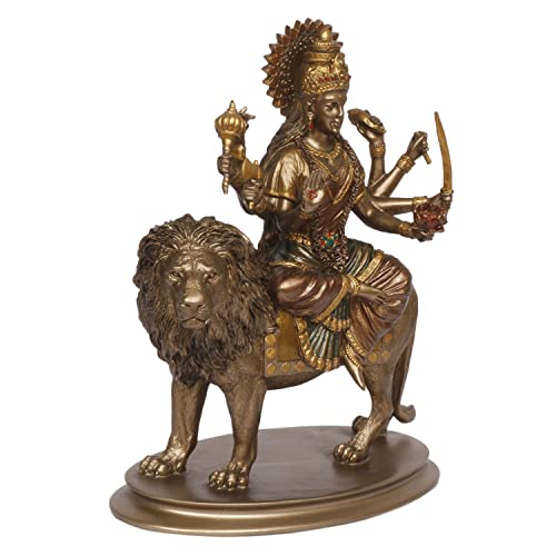 Kartique Resin Maa Durga Idol Sitting On Lion Ma Sherawali Murti Devi Statue for Home Mandir Office Living Room Shop Gift Navratra Puja Height 10 Inch Bronze Color - Image 2
