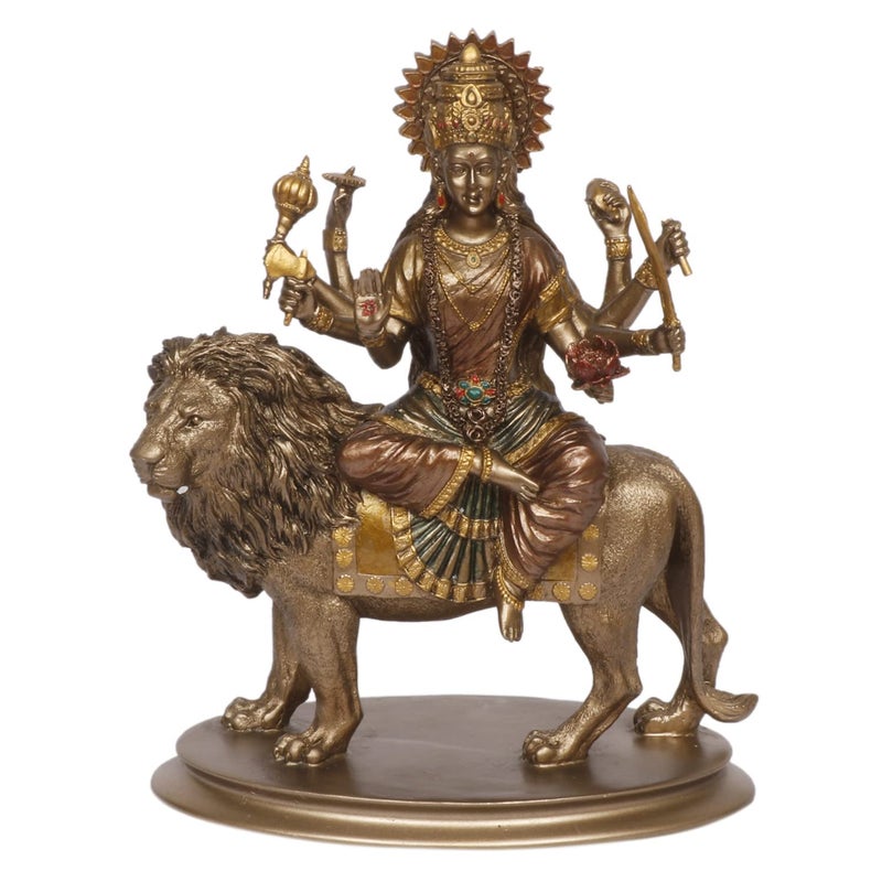 Kartique Resin Maa Durga Idol Sitting On Lion Ma Sherawali Murti Devi Statue for Home Mandir Office Living Room Shop Gift Navratra Puja Height 10 Inch Bronze Color - Image 5