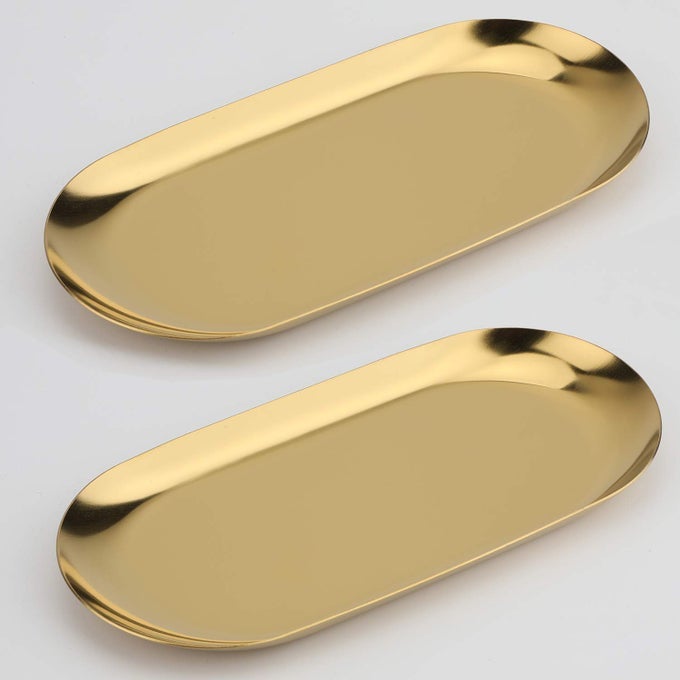 STAINLESS STEEL DECORATIVE TRAY SET OF 2 7 INCH LONG JEWELRY DISH COSMETICS ORGANIZER BATHROOM CLUTTER SERVING PLATTER SMALL STORAGE TRAY OVAL GOLD