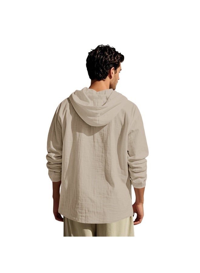 Casual Linen Long Sleeve Men's Shirt Hooded Breathable Spring Autumn Winter Loose Fit T-Shirt Sweatshirt for Men - Image 3