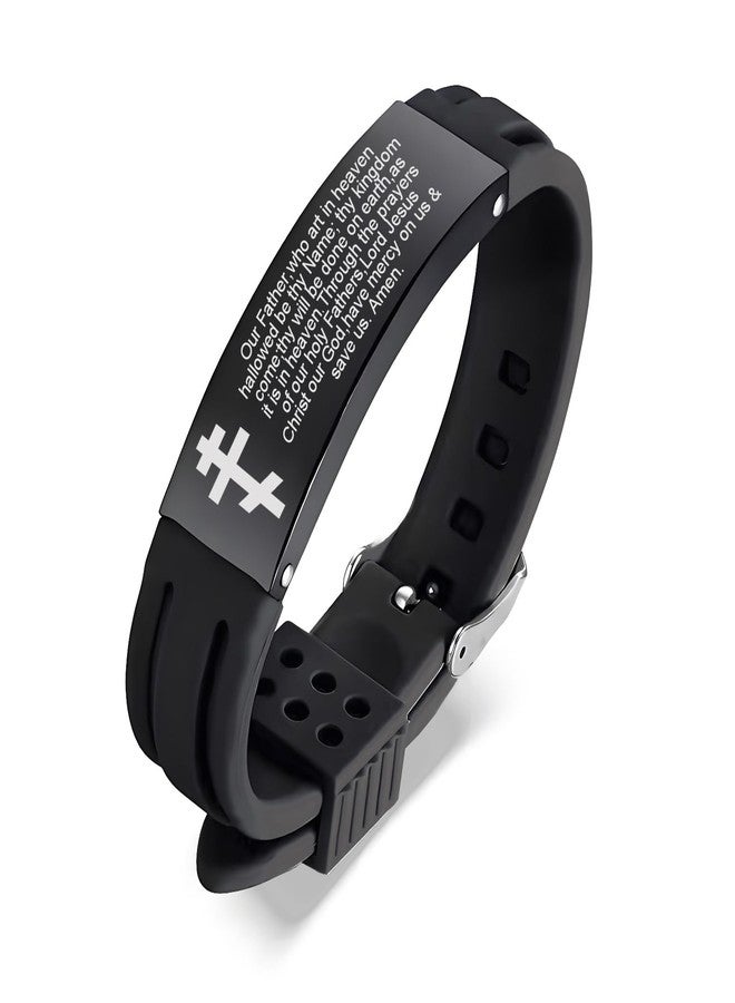 HOMLIFPER Russian Orthodox Cross Bracelet with Prayers Eastern Crucifix Jesus Protection Adjustable Silicone Bangle Christian Religious Faith Reminder Jewelry for Men Women (Black) - Image 1