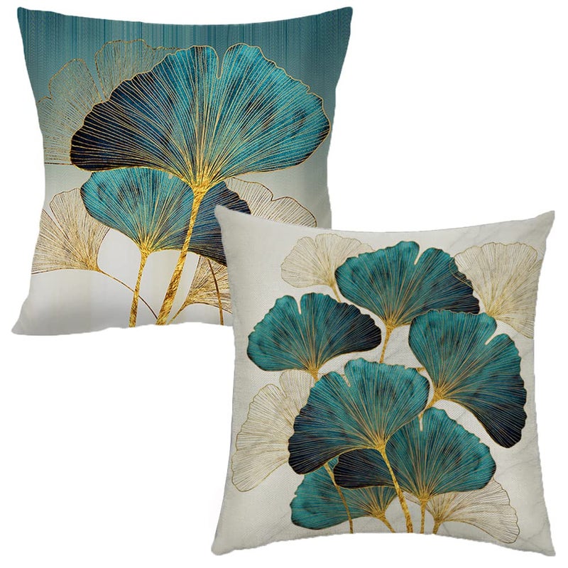 Throw Pillow Cover Green Plant Leaves  18 x 18 Inch Teal Pillow Cushion Cover  Set of 2 Turquoise Ginkgo Leaf Cushion Case Great for Sofa Bedroom Yard Living Room Decor