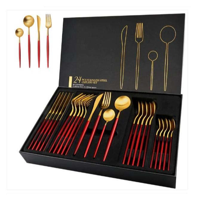 Golden Spoon Set, 24 Pieces in Premium Carton Box, Premium Quality AR - Silverware Set Stainless Steel Cutlery: 24 Piece Dinnerware Utensils Dinner Forks Spoons Steak Knife Service 6 - 24 Piece Spoon Set - 6 Person Cutlery Set, 24 Piece Cutlery Set Black Gold Matt, Dinner Set with Knife Fork Spoon, Stainless Steel Cutlery Set, Dishwasher Safe - Image 1
