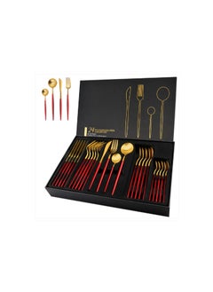 Generic Golden Spoon Set, 24 Pieces in Premium Carton Box, Premium Quality AR - Silverware Set Stainless Steel Cutlery: 24 Piece Dinnerware Utensils Dinner Forks Spoons Steak Knife Service 6 - 24 Piece Spoon Set - 6 Person Cutlery Set, 24 Piece Cutlery Set Black Gold Matt, Dinner Set with Knife Fork Spoon, Stainless Steel Cutlery Set, Dishwasher Safe  - Image 1