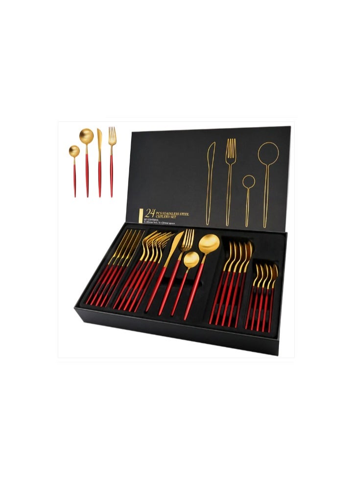 Generic Golden Spoon Set, 24 Pieces in Premium Carton Box, Premium Quality AR - Silverware Set Stainless Steel Cutlery: 24 Piece Dinnerware Utensils Dinner Forks Spoons Steak Knife Service 6 - 24 Piece Spoon Set - 6 Person Cutlery Set, 24 Piece Cutlery Set Black Gold Matt, Dinner Set with Knife Fork Spoon, Stainless Steel Cutlery Set, Dishwasher Safe  - Image 1
