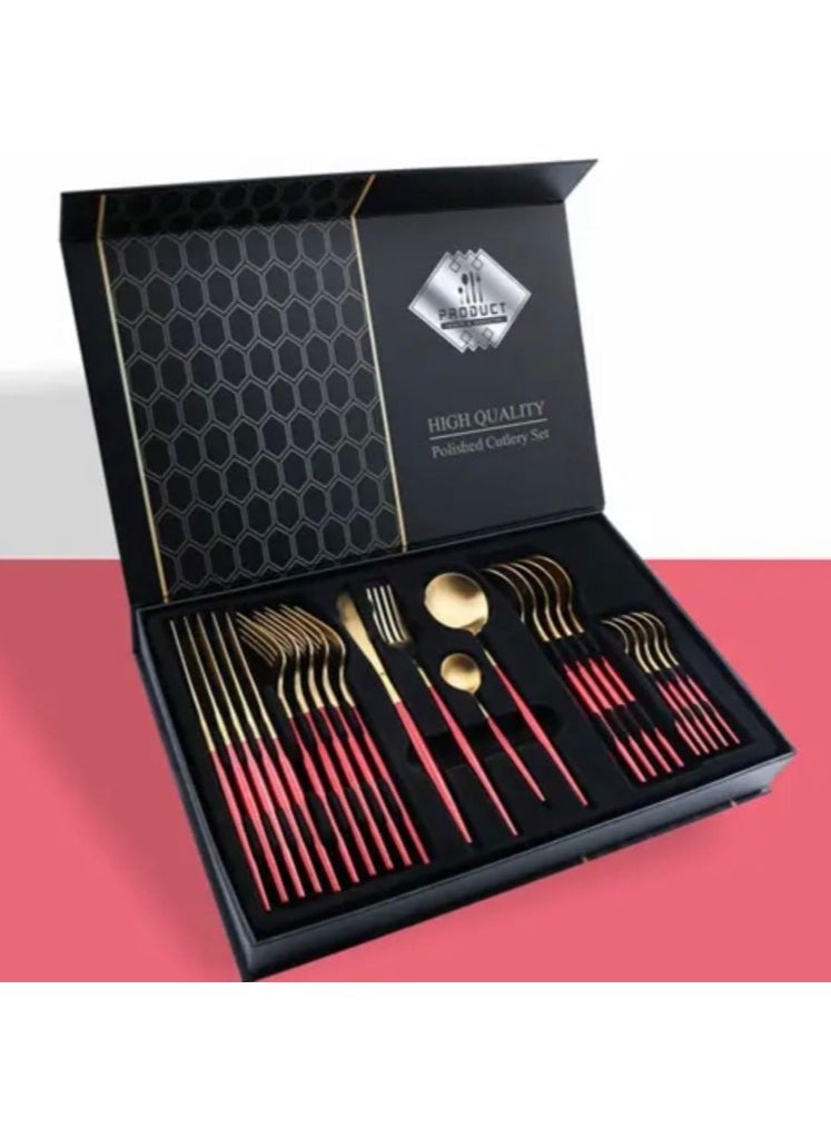 Generic Golden Spoon Set, 24 Pieces in Premium Carton Box, Premium Quality AR - Silverware Set Stainless Steel Cutlery: 24 Piece Dinnerware Utensils Dinner Forks Spoons Steak Knife Service 6 - 24 Piece Spoon Set - 6 Person Cutlery Set, 24 Piece Cutlery Set Black Gold Matt, Dinner Set with Knife Fork Spoon, Stainless Steel Cutlery Set, Dishwasher Safe  - Image 5