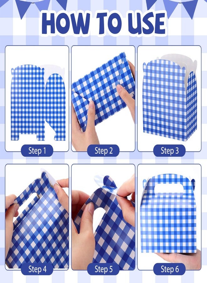 Marspark 24 Pcs Blue and White Gingham Treat Boxes Bulk Checkered Candy Goodies Gable Boxes Plaid Cardboard Container with Handles for Picnic BBQ Birthday Family Farm Party Favors - Image 5
