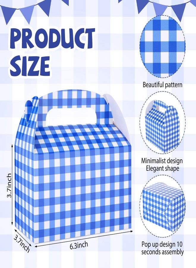 Marspark 24 Pcs Blue and White Gingham Treat Boxes Bulk Checkered Candy Goodies Gable Boxes Plaid Cardboard Container with Handles for Picnic BBQ Birthday Family Farm Party Favors - Image 2