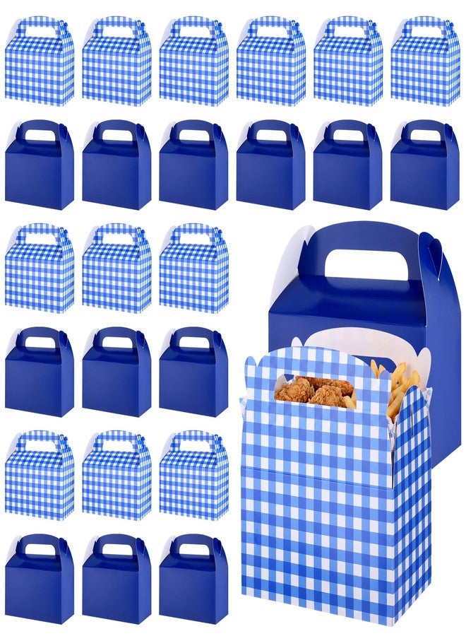 Marspark 24 Pcs Blue and White Gingham Treat Boxes Bulk Checkered Candy Goodies Gable Boxes Plaid Cardboard Container with Handles for Picnic BBQ Birthday Family Farm Party Favors - Image 1