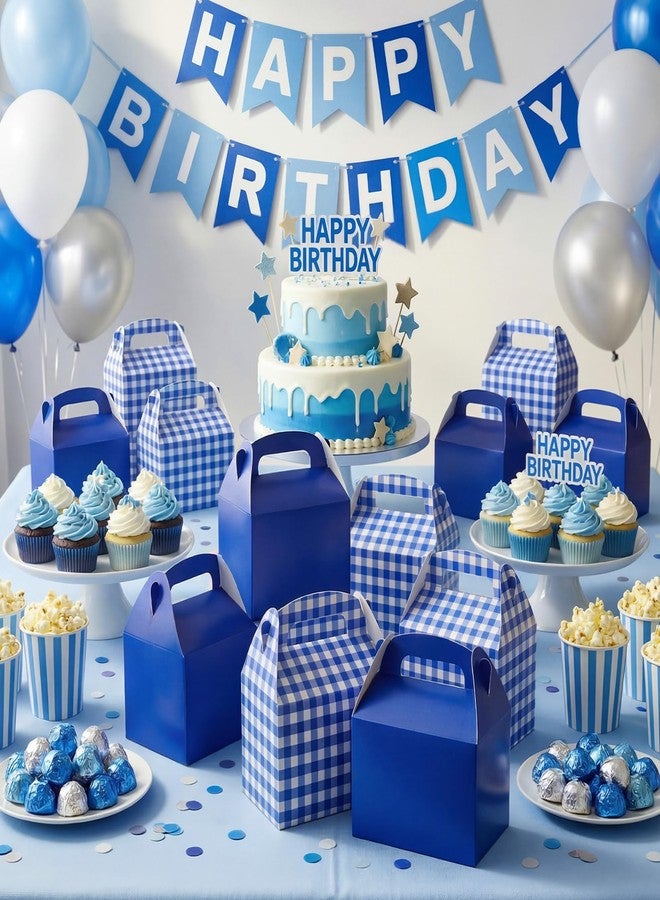 Marspark 24 Pcs Blue and White Gingham Treat Boxes Bulk Checkered Candy Goodies Gable Boxes Plaid Cardboard Container with Handles for Picnic BBQ Birthday Family Farm Party Favors - Image 4