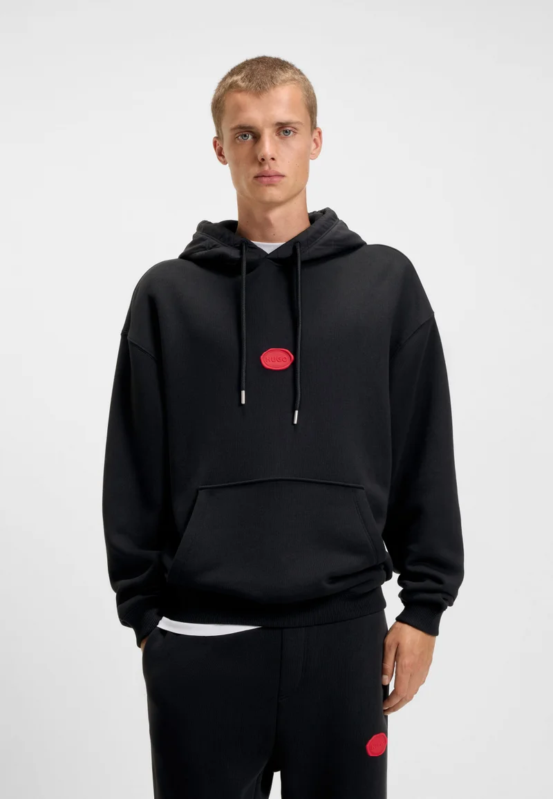 HUGO Cotton-blend hoodie with waxed-stamp logo