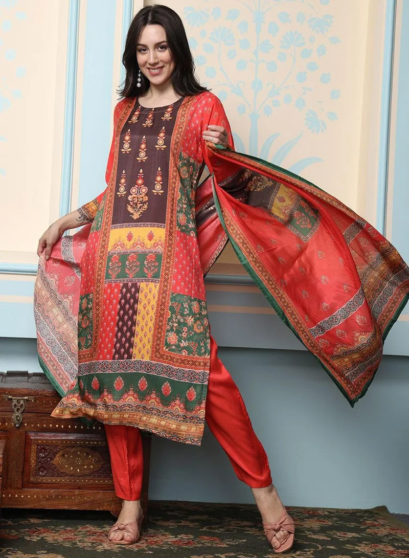 ISHIN Women's Multicoloured Viscose Blend Embellished Tunic Full Length Casual Straight Fit Kurta Set