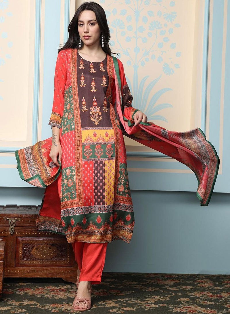 ISHIN Women's Multicoloured Viscose Blend Embellished Tunic Full Length Casual Straight Fit Kurta Set - Image 1