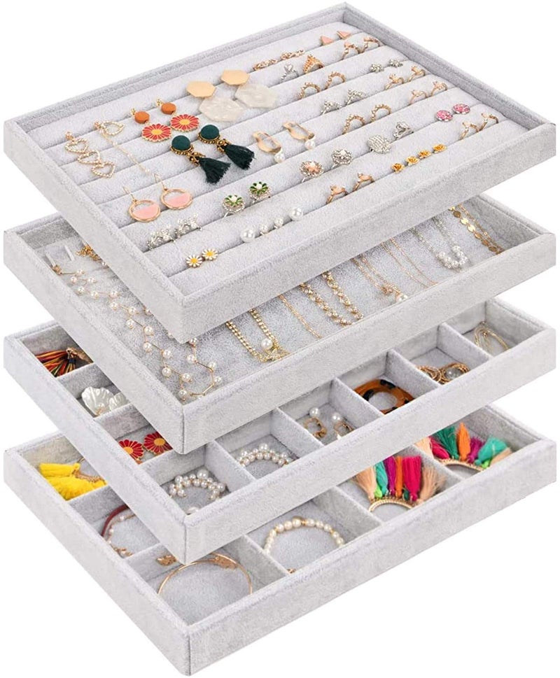 Set of Stackable Velvet Jewelry Organizer Trays for Drawers, a Multi-Compartment Storage and Display System for Earrings, Necklaces, and Rings - Set of 4 - Grey