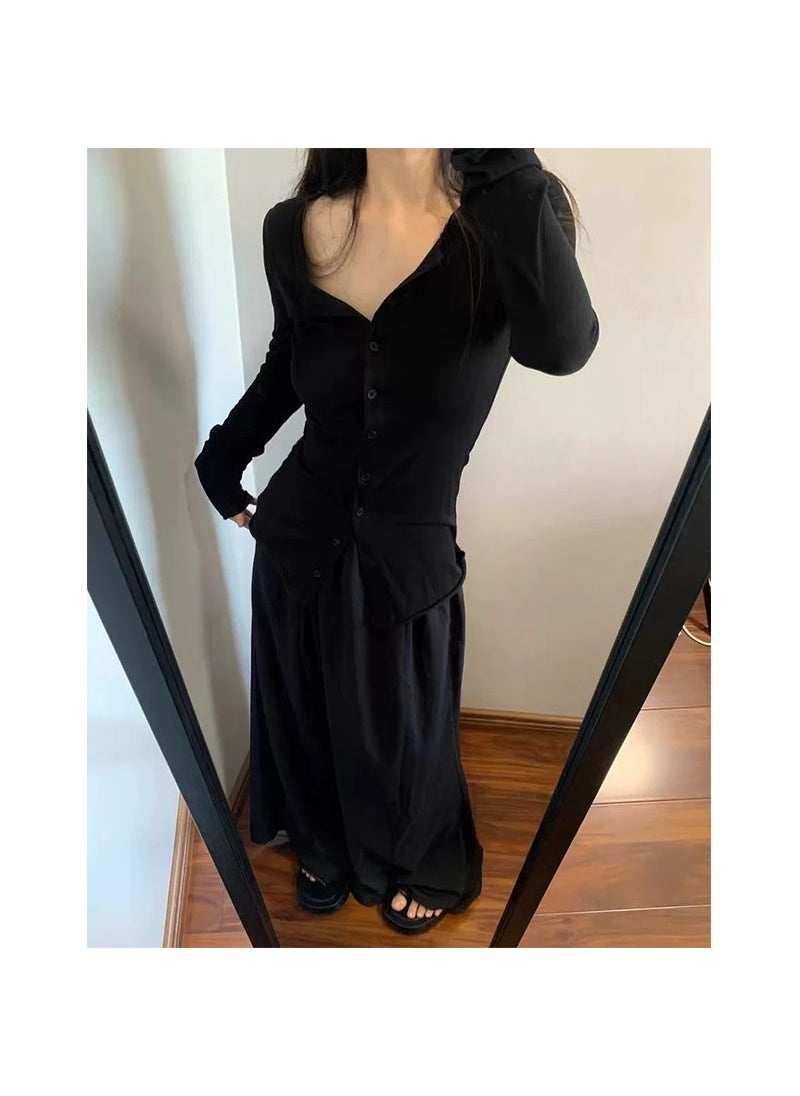 Generic - 2024 Summer Plus Size Wide-Leg Culottes for Petite Women Black skirt [without pocket]] - Image 1