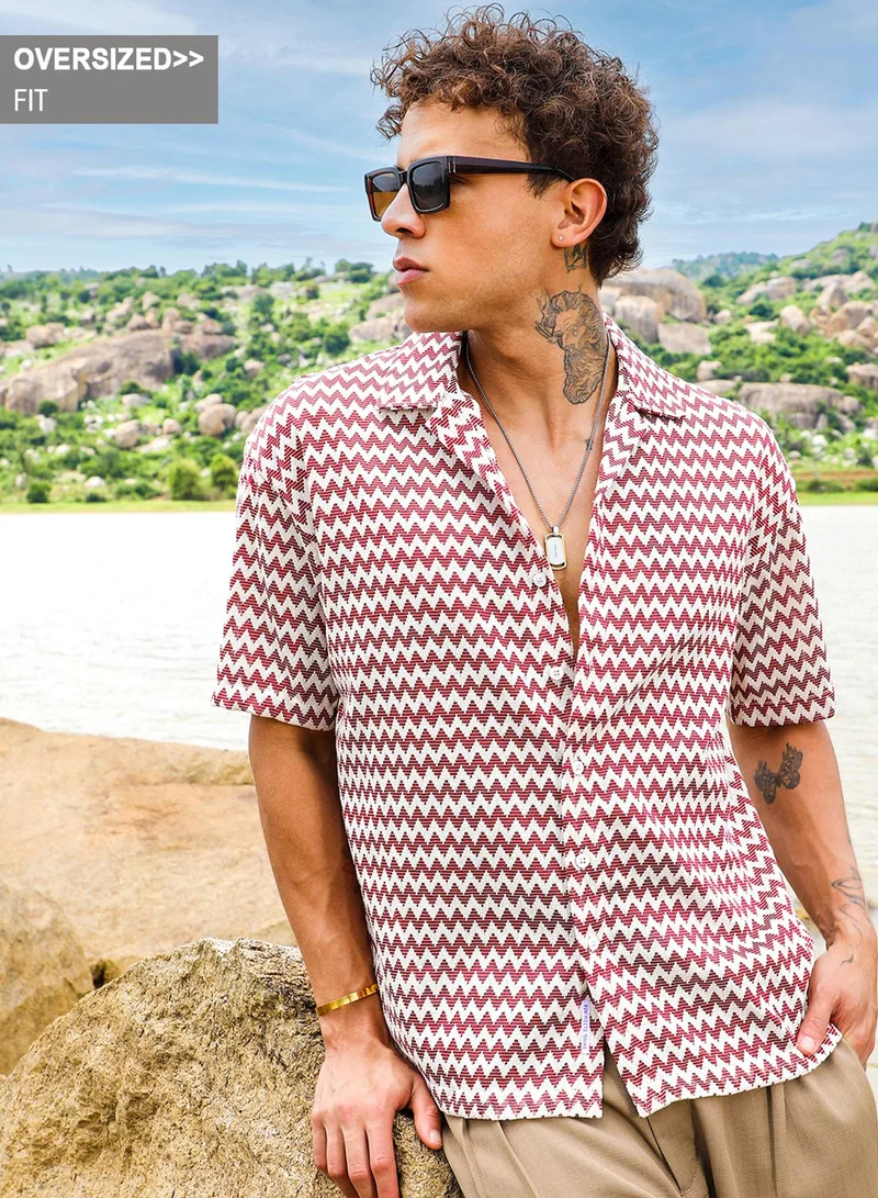 Campus Sutra Campus Sutra Men's Brown & White Chevron-Striped Oversized Shirt For Casual Wear | Cuban Collar | Short Sleeve | Button Closure | Oversized Shirt Crafted With Comfort Fit For Everyday Wear