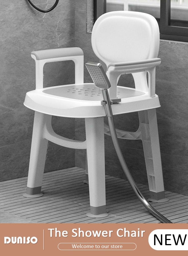 DUNISO Bathroom Shower Chair Seat with Back,Armrests,Anti-slip Floor Mats,Shower Head Snap,Bath Shower Bench Bath Stool for Elderly Senior Disabled Handicap Pregnant  - Image 1