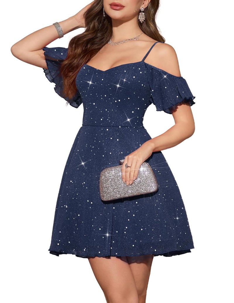 Meetjen Prom Dresses for Women Homecoming Sparkly Tulle Cocktail Fancy Modest Flowy Off The Shoulder Flowy Junior Mini Dress Navy M - Image 1