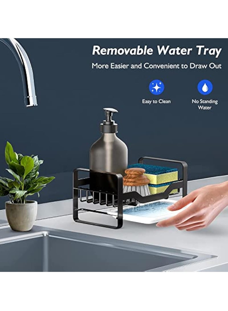 YelaJoy Kitchen Sink Caddy | 304 Stainless Steel Sponge Holder with Removable Drain Tray | Sink Organizer for Soap, Brush, and Utensils | Durable Countertop Soap Dispenser Holder (Black) - Image 3