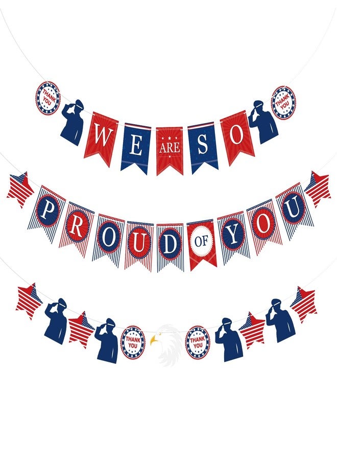 Adecortalk We Are So Proud of You Banner Welcome Home Banner for Retirement Patriotic Soldier Army Military Going Away Party Decorations Graduation Party Supplies (Blue White) - Image 1