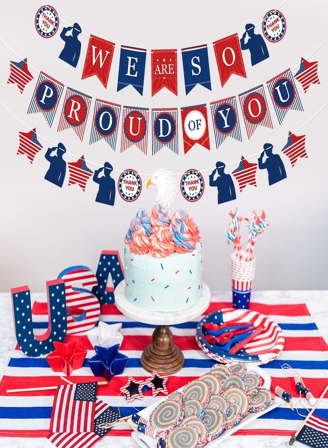 Adecortalk We Are So Proud of You Banner Welcome Home Banner for Retirement Patriotic Soldier Army Military Going Away Party Decorations Graduation Party Supplies (Blue White) - Image 4
