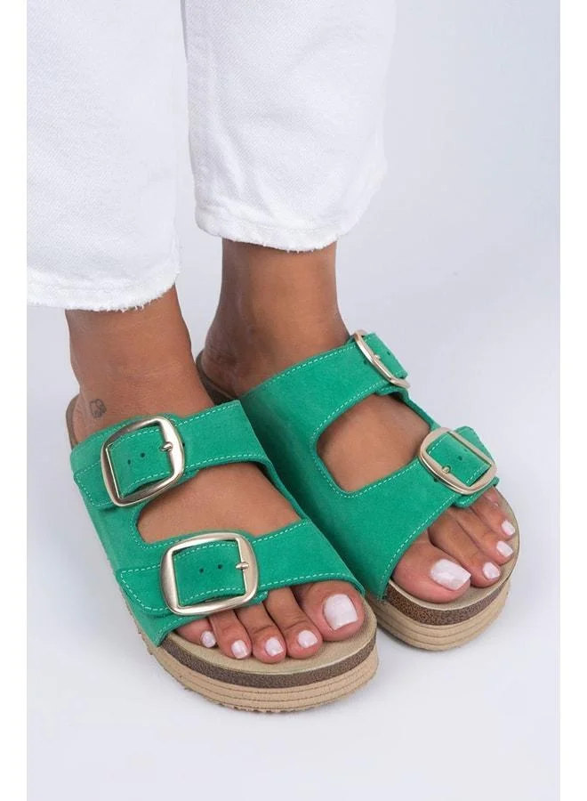 Manijero  Selina Women's Genuine Leather Double Buckle Green - Gold Slippers - Green for Women | Best Price UAE
