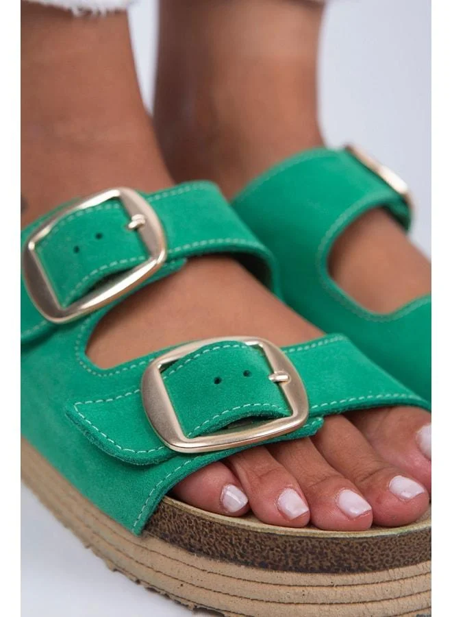 Manijero  Selina Women's Genuine Leather Double Buckle Green - Gold Slippers - Green for Women | Best Price UAE