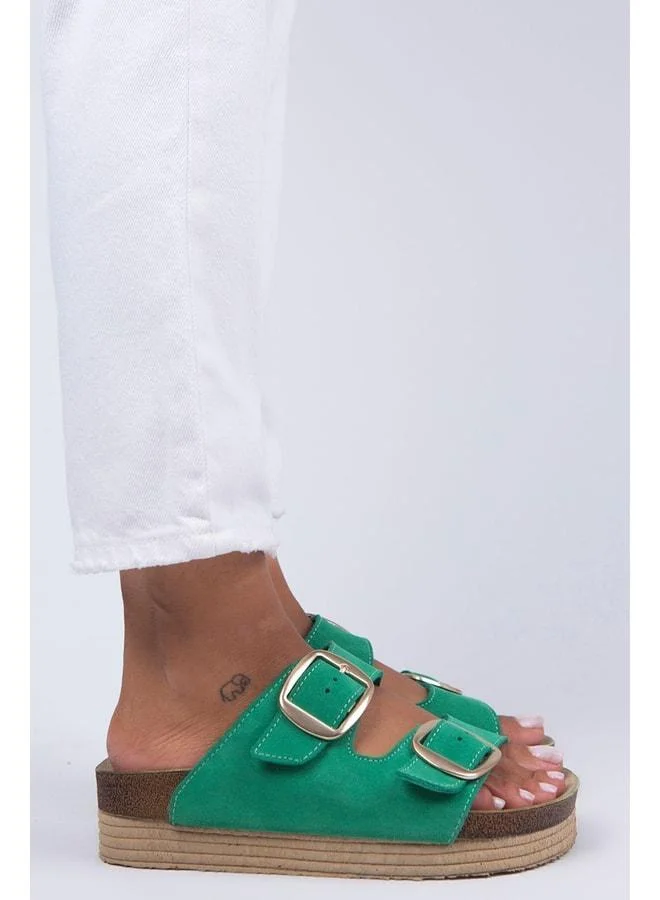 Selina Women's Genuine Leather Double Buckle Green - Gold Slippers - Green