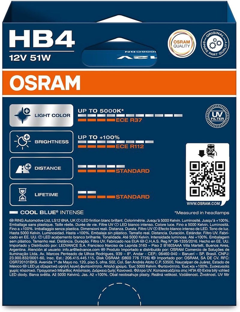 أوسرام لمبة هالوجين أمامية من أوسرام كول بلو إنتنس HB4، سطوع زائد 100%، حتى 5000 كلفن، مظهر LED، صندوق معلق (مصباحان) - Image 2