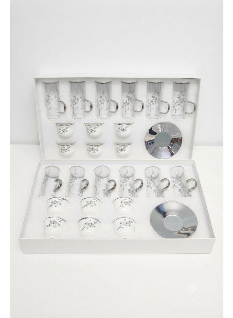 *24-Piece Glass Tea Cups & Ceramic Coffee Cups Set with Stainless Steel Saucers* - Image 1