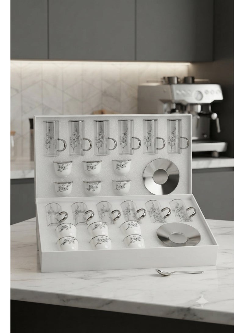 *24-Piece Glass Tea Cups & Ceramic Coffee Cups Set with Stainless Steel Saucers* - Image 2