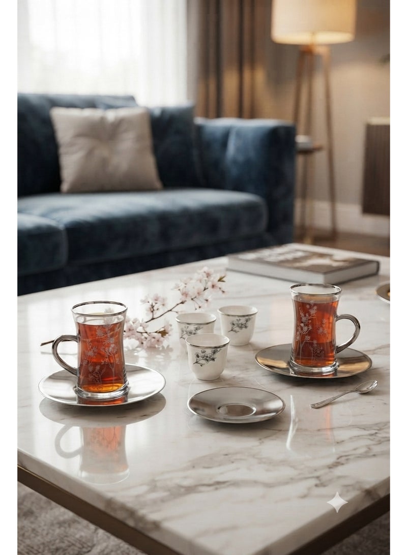 *24-Piece Glass Tea Cups & Ceramic Coffee Cups Set with Stainless Steel Saucers* - Image 4