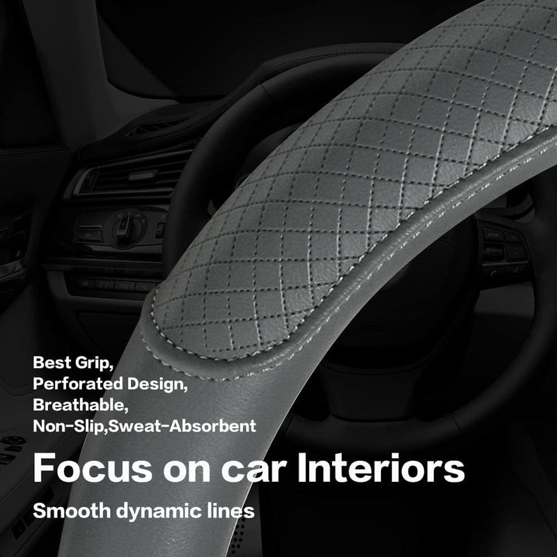 VARGTR Microfiber Leather Steering Wheel Cover, Universal 14.5-15 Inch, Gray - Image 5